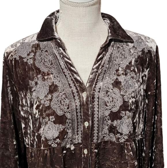 APRIL SKY Velvet Babydoll Top Womens Small Brown Embroidered Whimsigoth - Picture 3 of 9